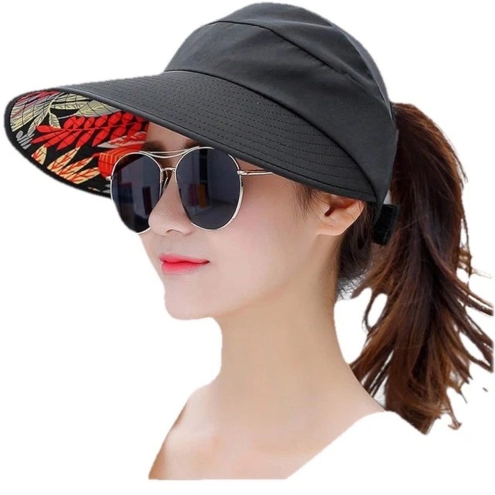 Packable Ponytail Visor Sun Beach Pool Outdoor Hat UV Protection Wide Brim Black
